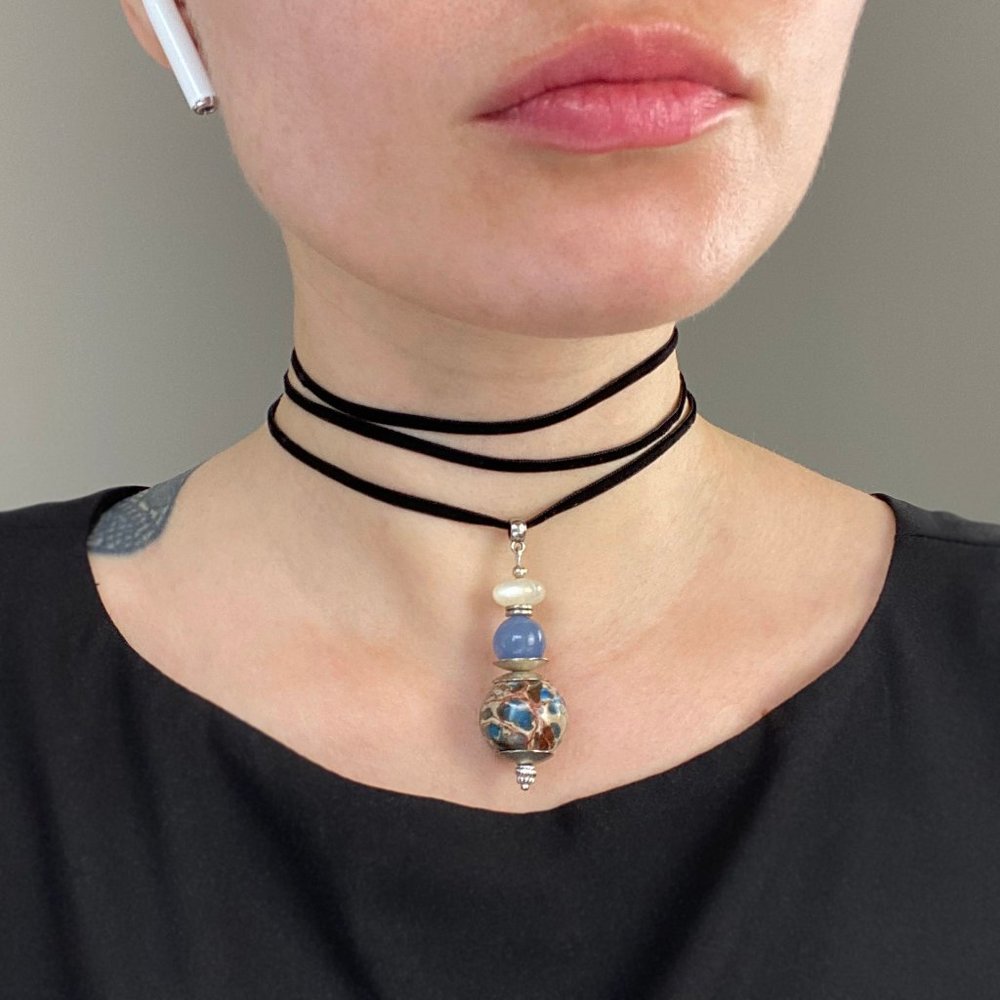 Large blue stone crystal charm necklace, thin black velvet lace choker